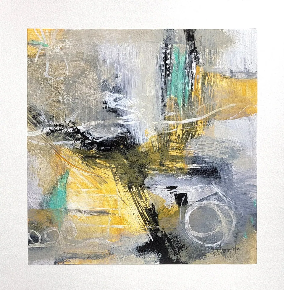 Afterglow, acrylic & mixed media on watercolor paper, 8 in × 8 in, by Debbi Homola
