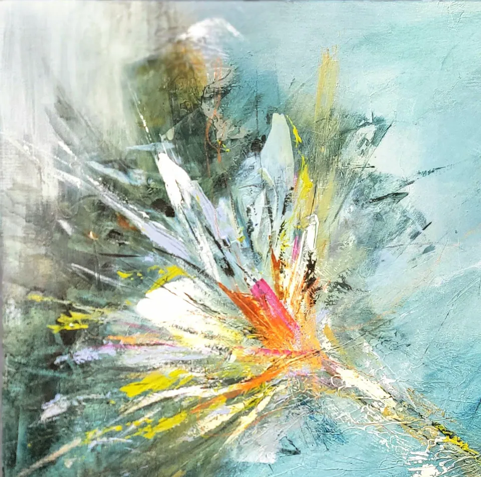 Close-up of Ascent by Debbi Homola: close-up of white-orange flower burst, palette knife texture