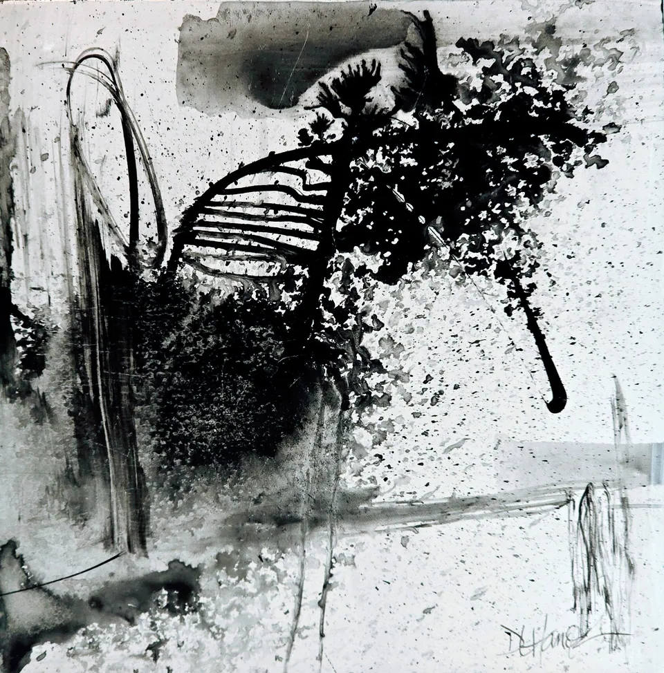 Black & White Ink No. 3, acrylic ink on cradled masonite panel, 5 in × 5 in, by Debbi Homola