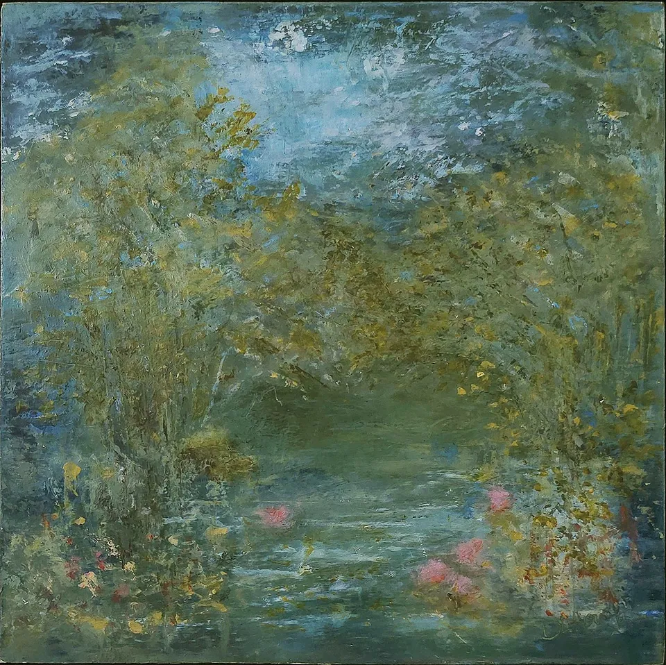 Breathe, acrylic with oil and cold wax on cradled wood panel, 8 in × 8 in, by Debbi Homola