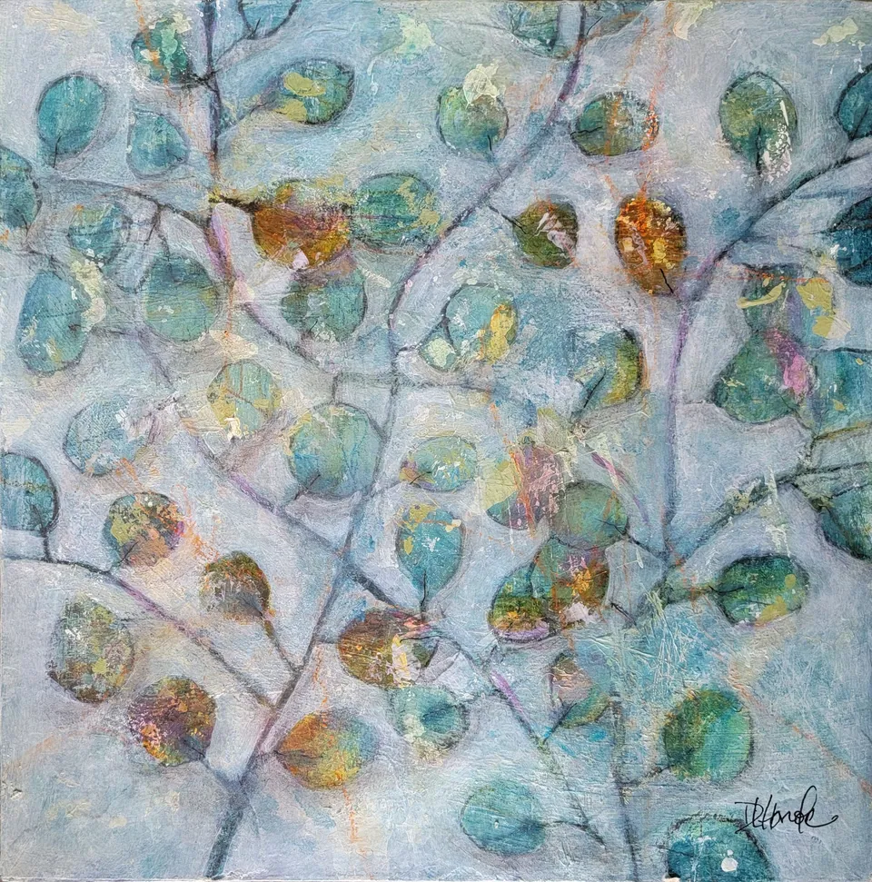 Befuddled, an abstract painting by Debbi Homola of blue-green and amber leaves on slender branches over a pale textured ground