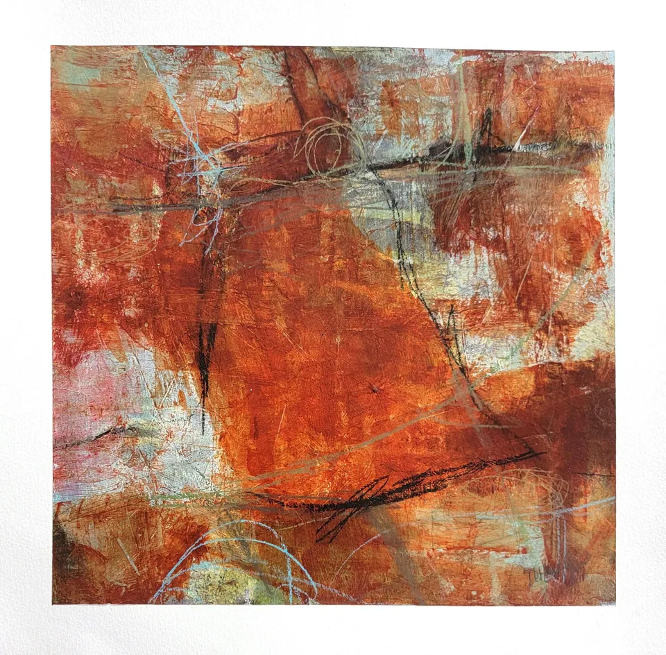 Red Bird, an abstract painting by Debbi Homola in layered rust, orange and cream with fine scratched linework