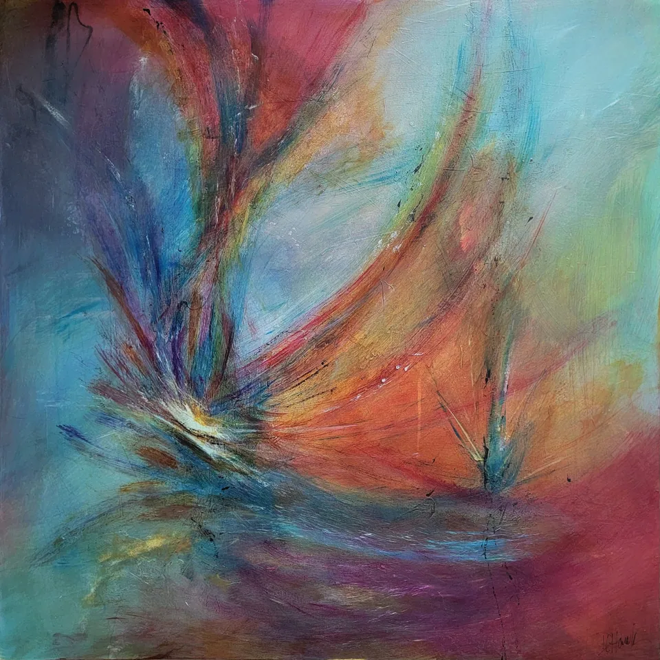 Resilience, an abstract painting by Debbi Homola with sweeping feather-like strokes in turquoise, violet, coral and gold