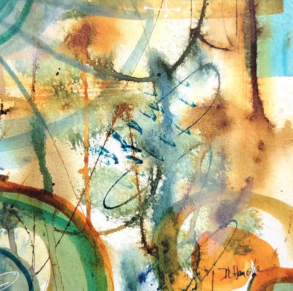 Complimentary Scuffle, sold original abstract painting by Debbi Homola, 6 in × 6 in