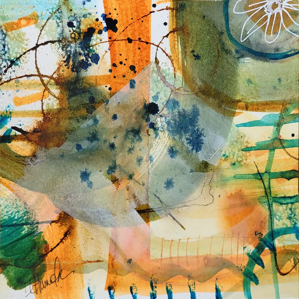 Fenced In, acrylic ink on watercolor paper, 6 in × 6 in, by Debbi Homola