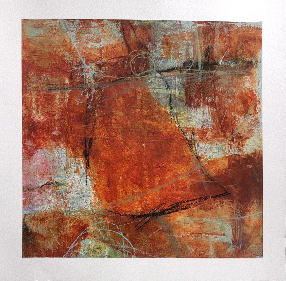 Red Bird, sold original abstract painting by Debbi Homola, 10 in × 10 in