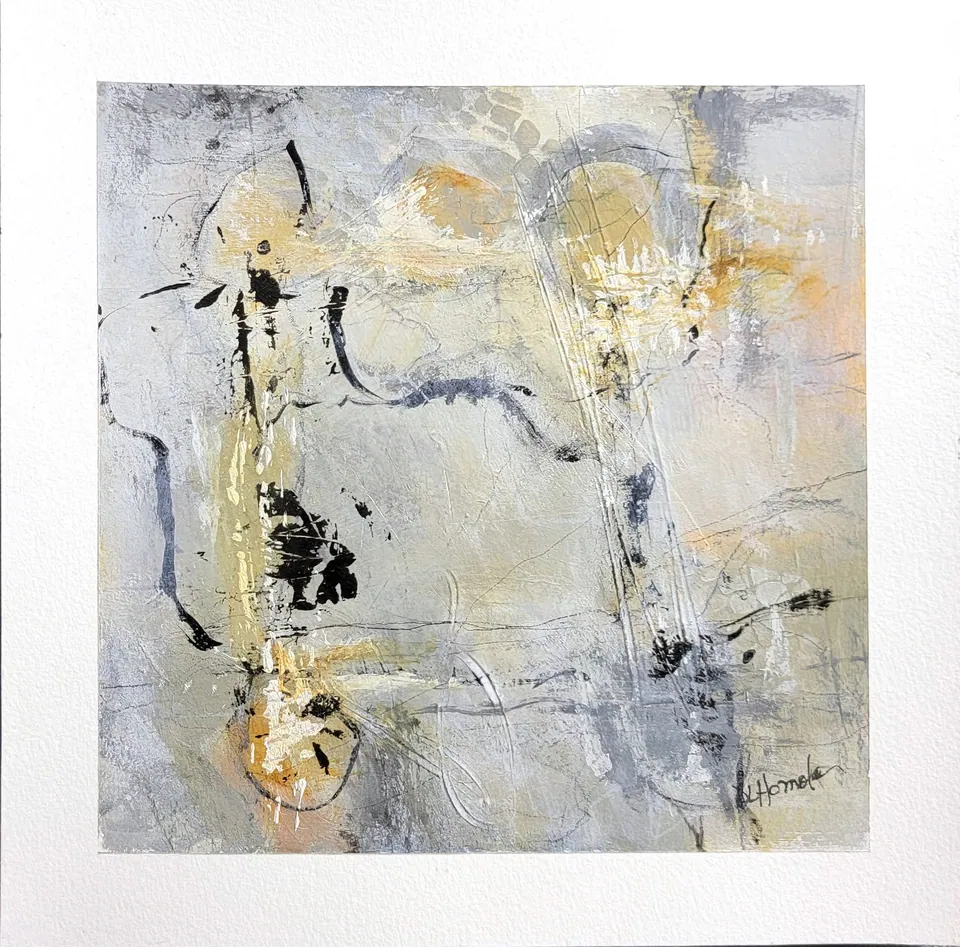 Spark, acrylic & mixed media on watercolor paper, 8 in × 8 in, by Debbi Homola