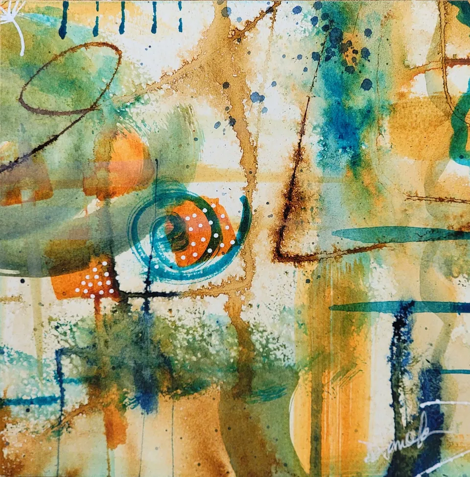 Stepping Up, acrylic ink on watercolor paper, 6 in × 6 in, by Debbi Homola