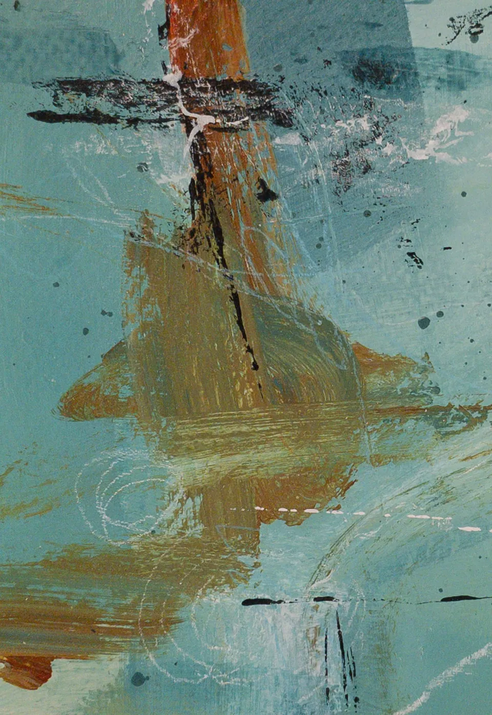 Close-up of Turquoise Memories by Debbi Homola: layered rust and teal paint with scratched lines and drips